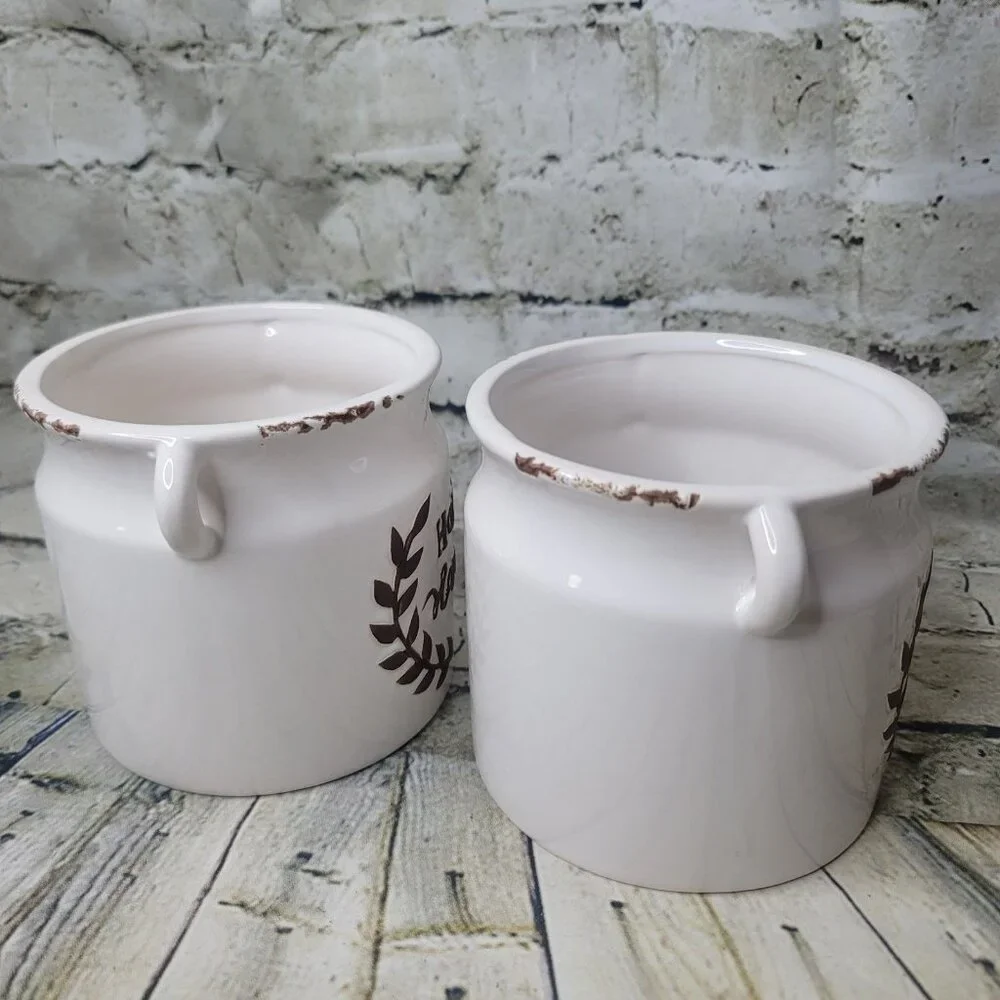 2 Happy Harvest Fall Farmhouse Country Stoneware Utensil Holder Crocks Vase 5